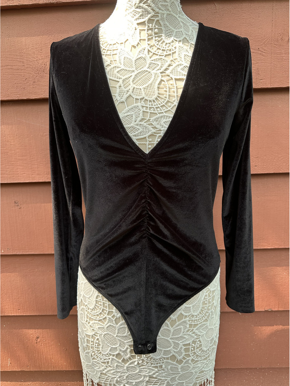 Express Black Velvet Bodysuit Long Sleeve Ruched Front Deep V Neck Chic